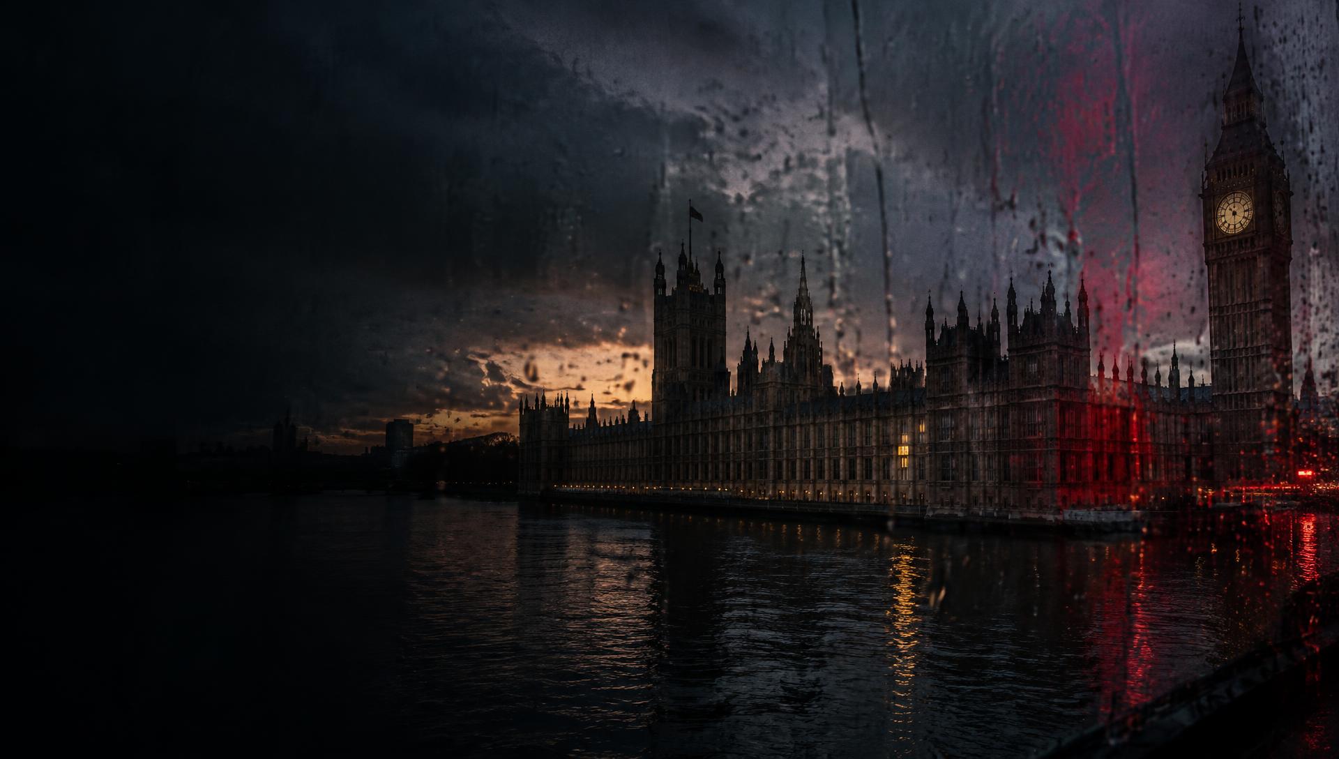 The Palace of Westminster seen through rain at dusk